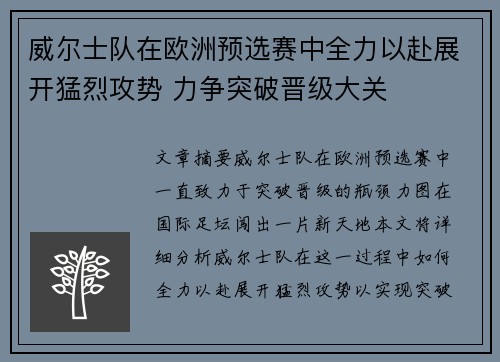 威尔士队在欧洲预选赛中全力以赴展开猛烈攻势 力争突破晋级大关